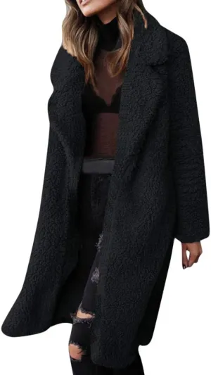 2023 Women Winter Coats Fleece Long Windbreaker Warm Fuzzy Overcoats Trendy Lapel Jackets Plus Size Casual Outwear