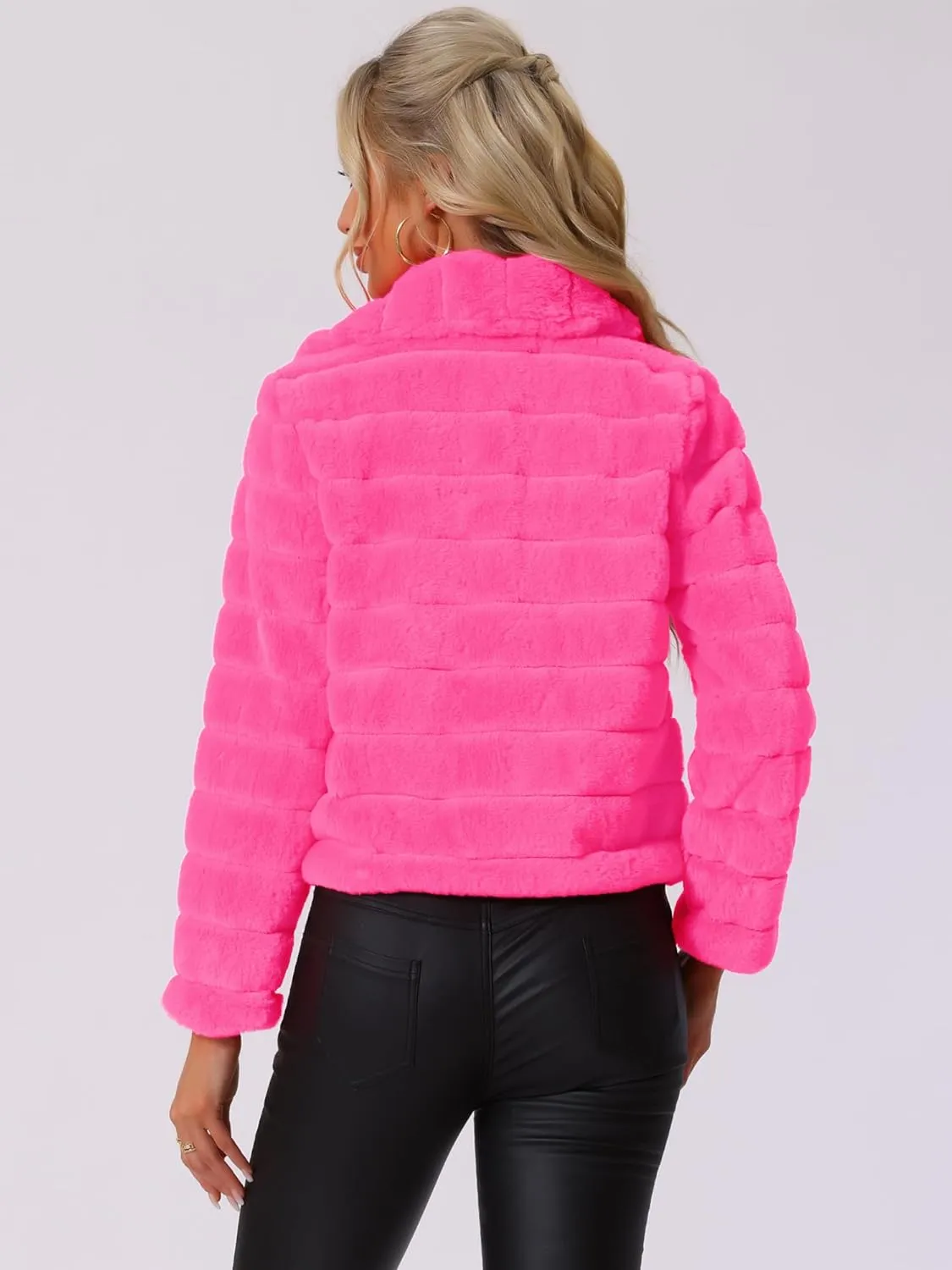 Allegra K Women's Faux Fur Fluffy Coat Collar 2024 Warm Winter Cropped Jacket