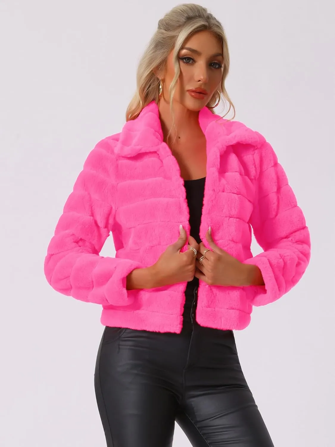 Allegra K Women's Faux Fur Fluffy Coat Collar 2024 Warm Winter Cropped Jacket