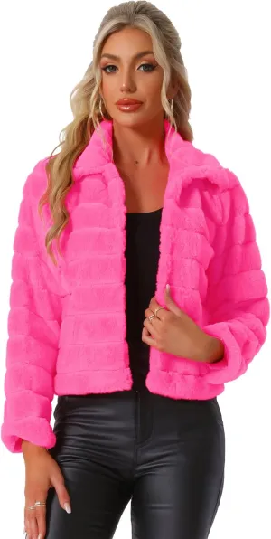 Allegra K Women's Faux Fur Fluffy Coat Collar 2024 Warm Winter Cropped Jacket