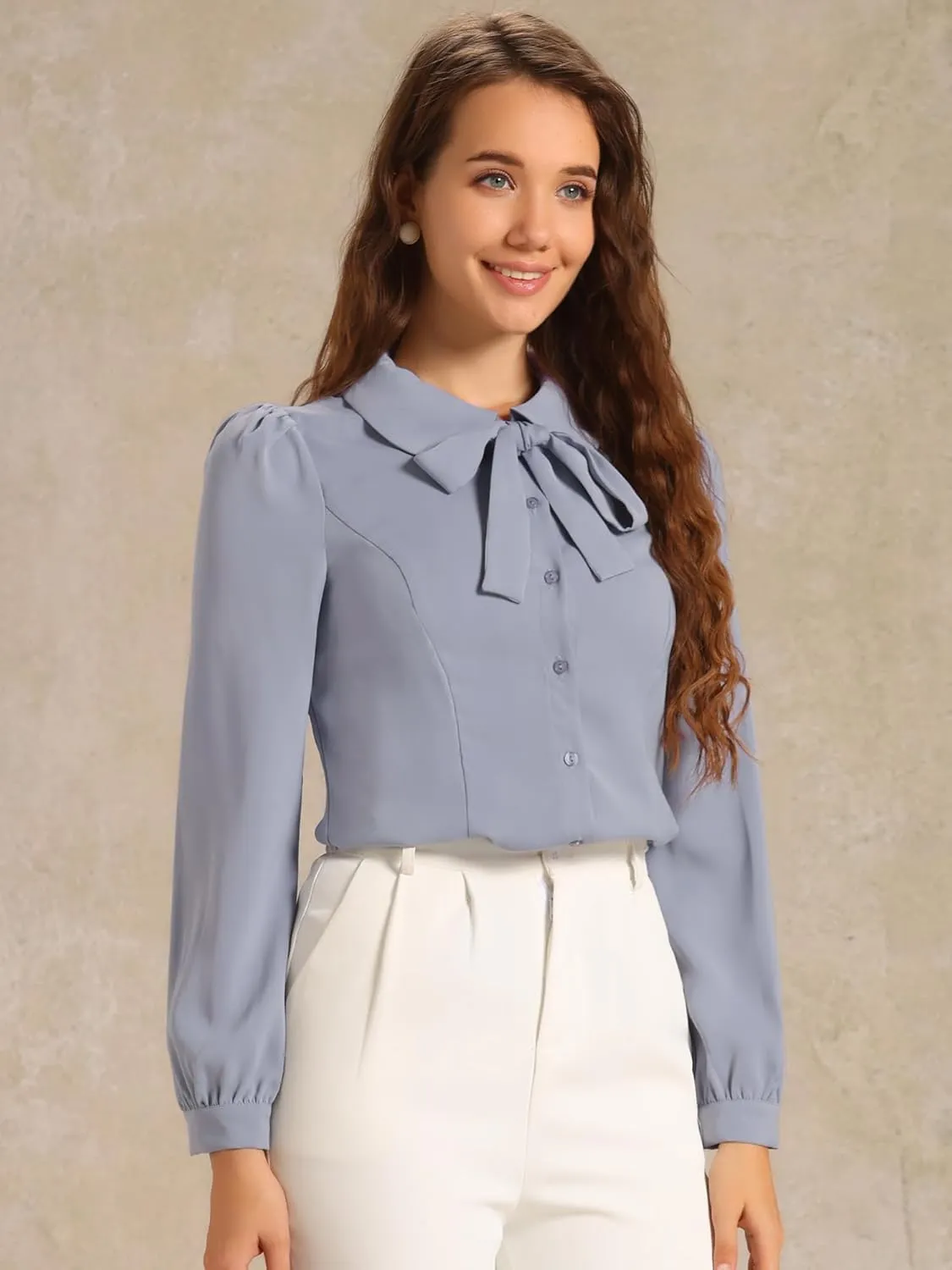Allegra K Women's Peter Pan Collar Blouse Bow Tie Neck Vintage Button Up Shirt