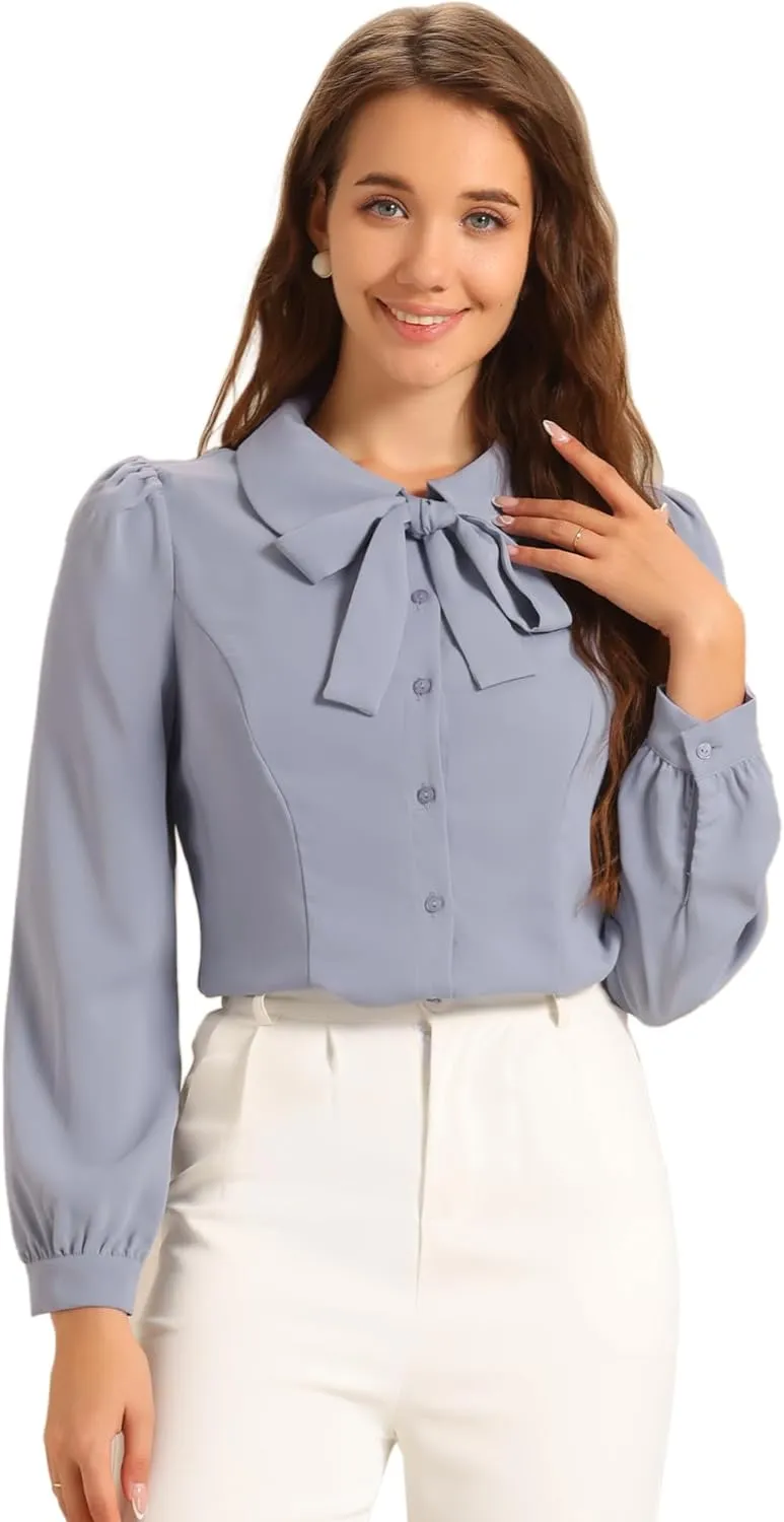 Allegra K Women's Peter Pan Collar Blouse Bow Tie Neck Vintage Button Up Shirt