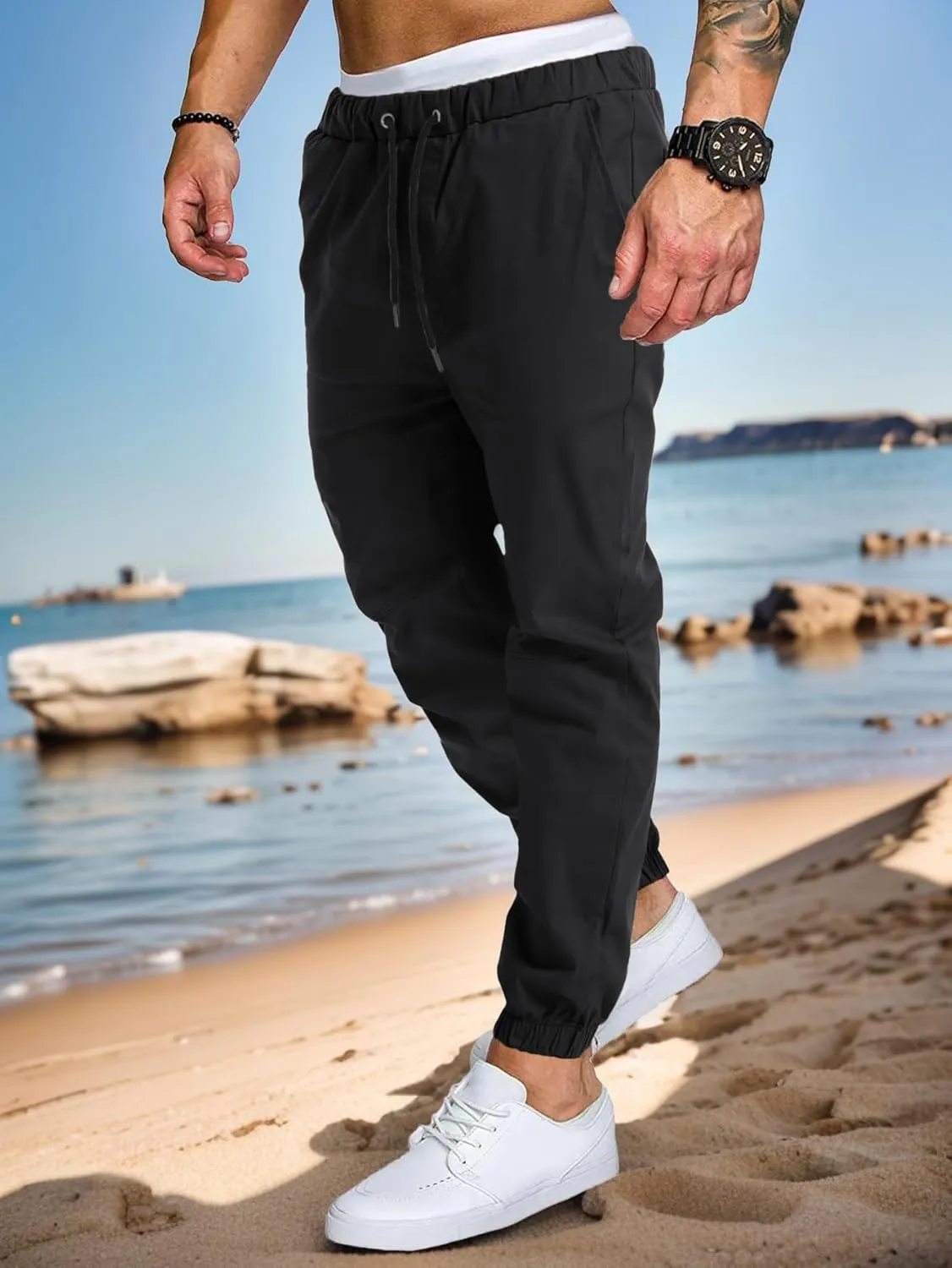 AUTIWITUA Men's Casual Jogger Pants Lightweight Cotton Drawstring Cargo Pants Outdoor Hiking Twill Track Tapered Pants