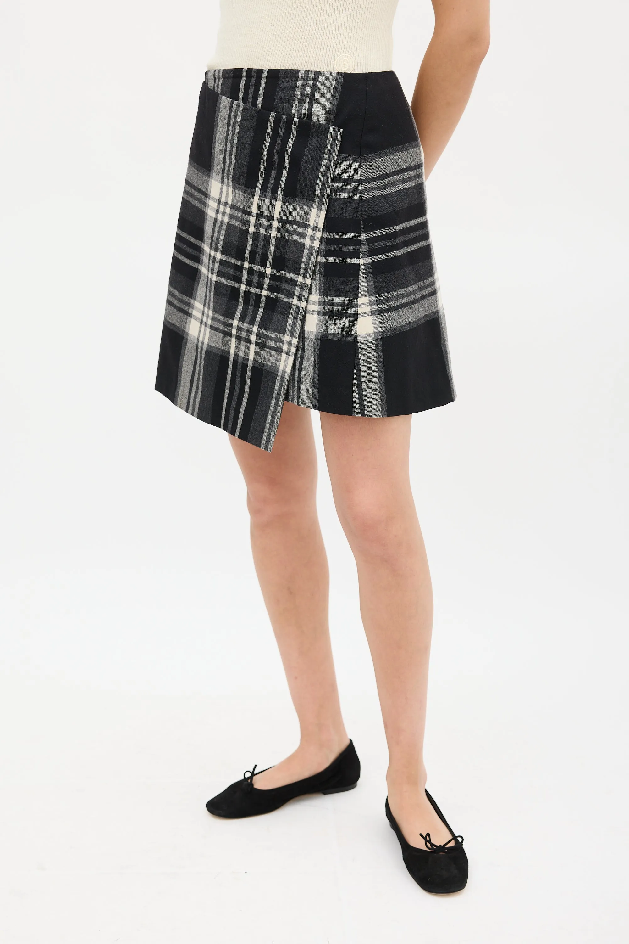 Black & White Plaid Asymmetric Wrap Skirt