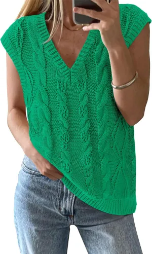 BTFBM Womens Oversized Sweater Vest 2025 Summer V Neck Casual Sleeveless Sweaters Loose Cable Knit Pullover Tops
