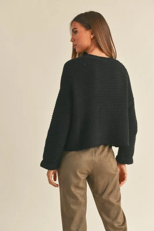 CABLE KNIT CROP SWEATER W/ CUFFED SLEEVE