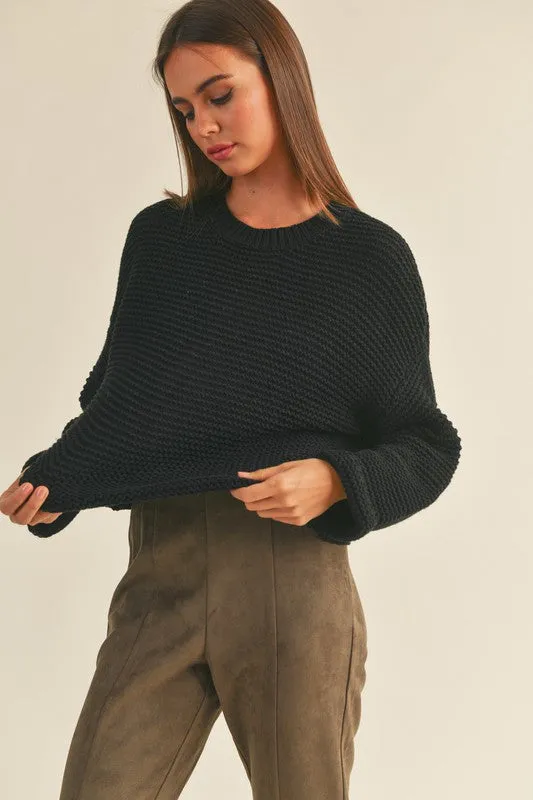 CABLE KNIT CROP SWEATER W/ CUFFED SLEEVE