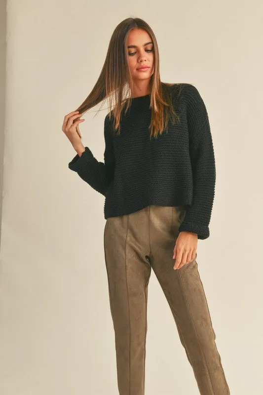 CABLE KNIT CROP SWEATER W/ CUFFED SLEEVE