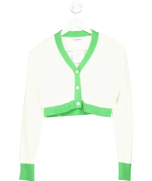 Cloeys White / green Softest 100% Cashmere Cropped Cardigan UK XS/S