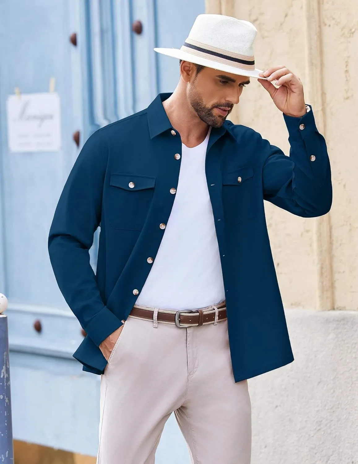 COOFANDY Men's Casual Shirt Jacket Linen Button Down Shirt Long Sleeve Lightweight Shacket with Pockets