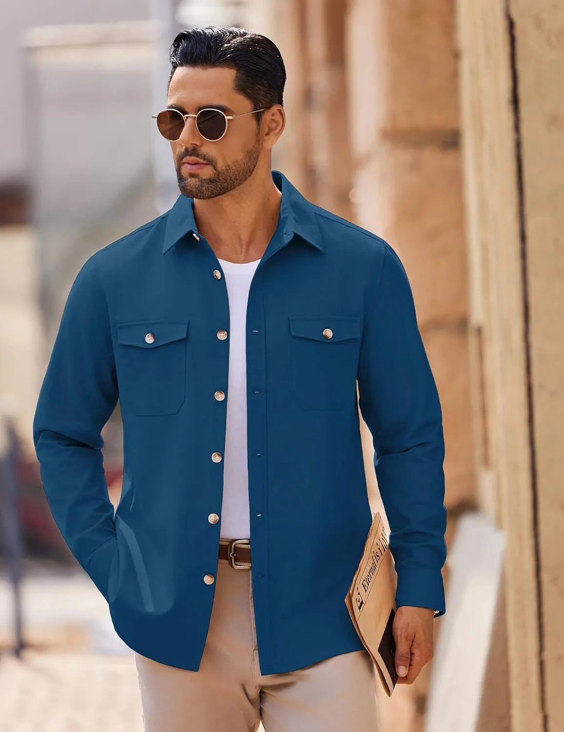 COOFANDY Men's Casual Shirt Jacket Linen Button Down Shirt Long Sleeve Lightweight Shacket with Pockets