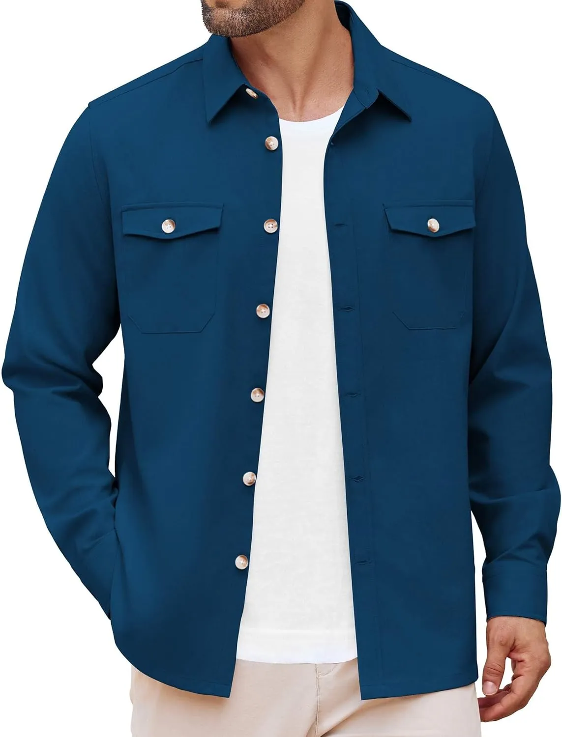 COOFANDY Men's Casual Shirt Jacket Linen Button Down Shirt Long Sleeve Lightweight Shacket with Pockets