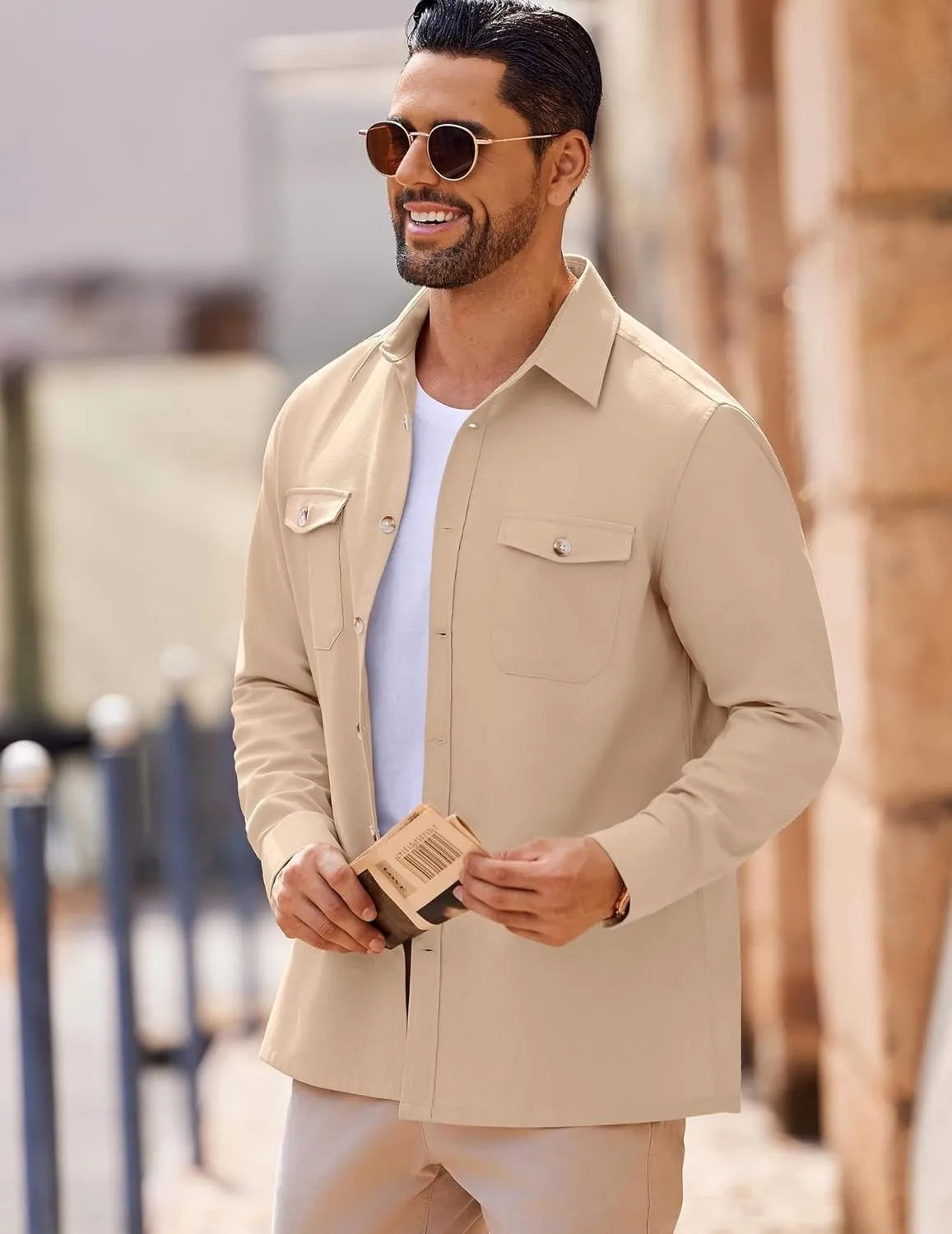 COOFANDY Men's Casual Shirt Jacket Linen Button Down Shirt Long Sleeve Lightweight Shacket with Pockets