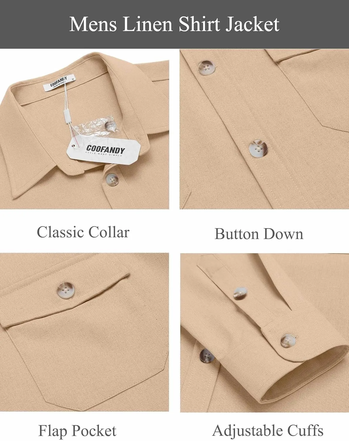 COOFANDY Men's Casual Shirt Jacket Linen Button Down Shirt Long Sleeve Lightweight Shacket with Pockets