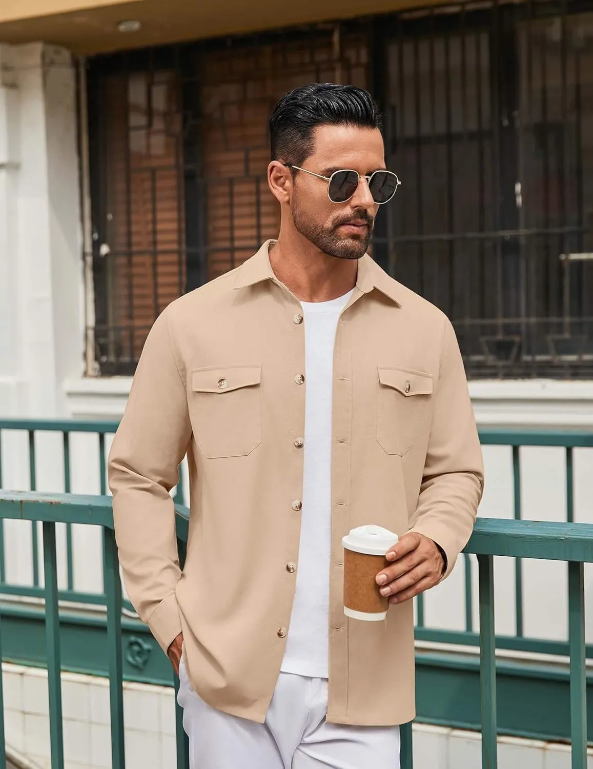 COOFANDY Men's Casual Shirt Jacket Linen Button Down Shirt Long Sleeve Lightweight Shacket with Pockets