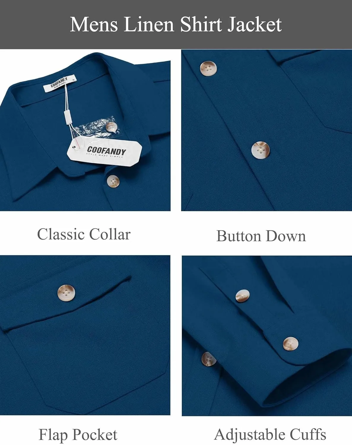COOFANDY Men's Casual Shirt Jacket Linen Button Down Shirt Long Sleeve Lightweight Shacket with Pockets