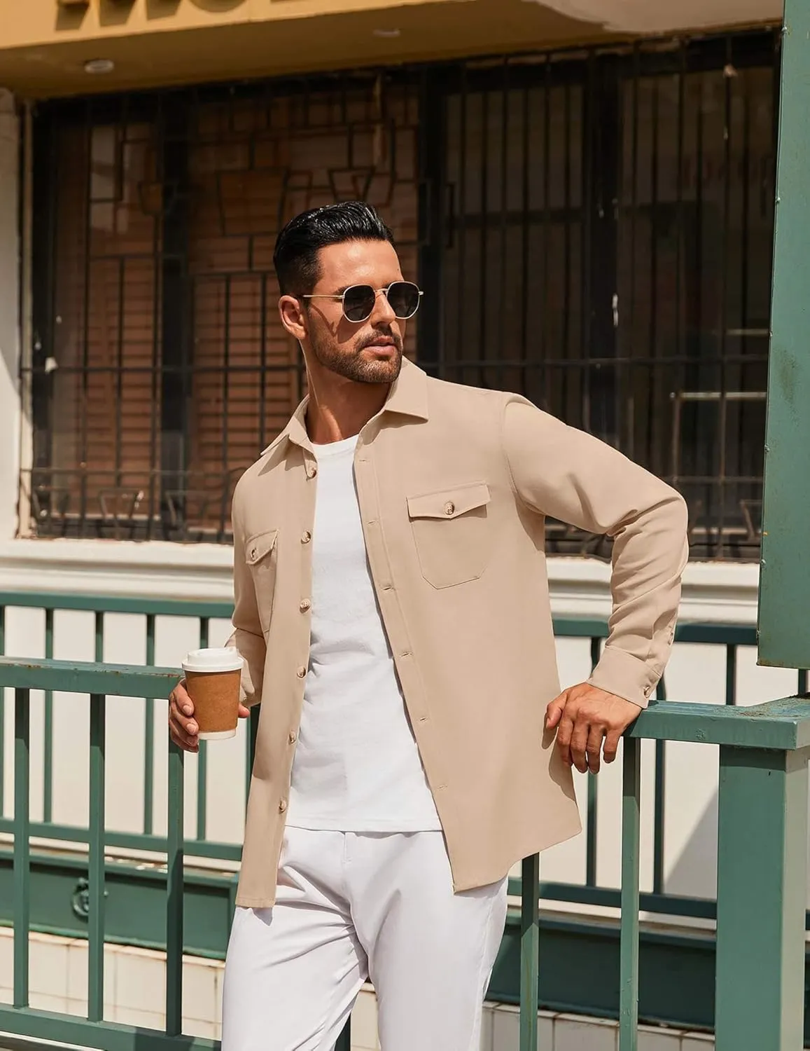 COOFANDY Men's Casual Shirt Jacket Linen Button Down Shirt Long Sleeve Lightweight Shacket with Pockets