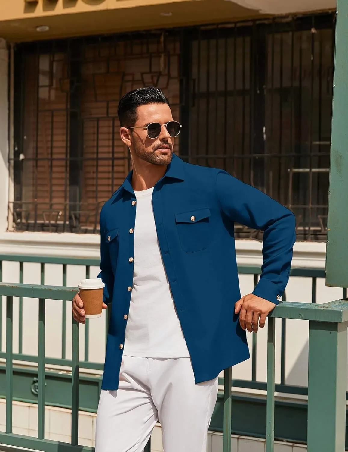 COOFANDY Men's Casual Shirt Jacket Linen Button Down Shirt Long Sleeve Lightweight Shacket with Pockets