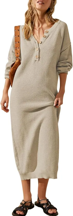 Cutiefox Women's Fall Winter Sweater Long Dress Button V Neck Batwing Long Sleeve Oversized Waffle Knit Dresses