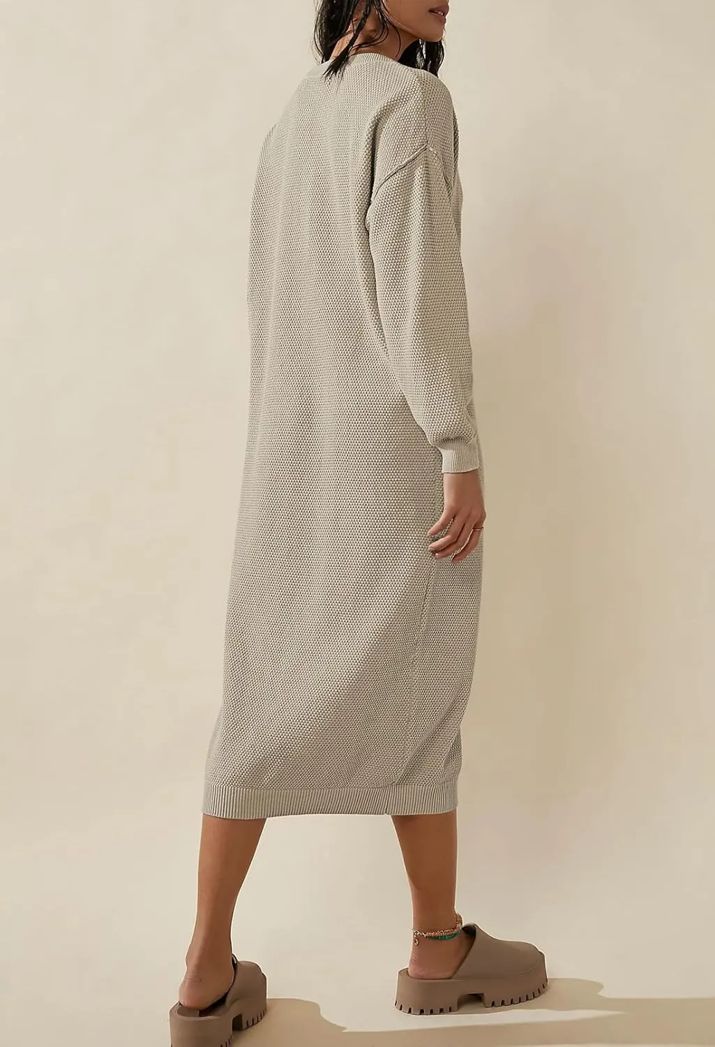 Cutiefox Women's Fall Winter Sweater Long Dress Button V Neck Batwing Long Sleeve Oversized Waffle Knit Dresses