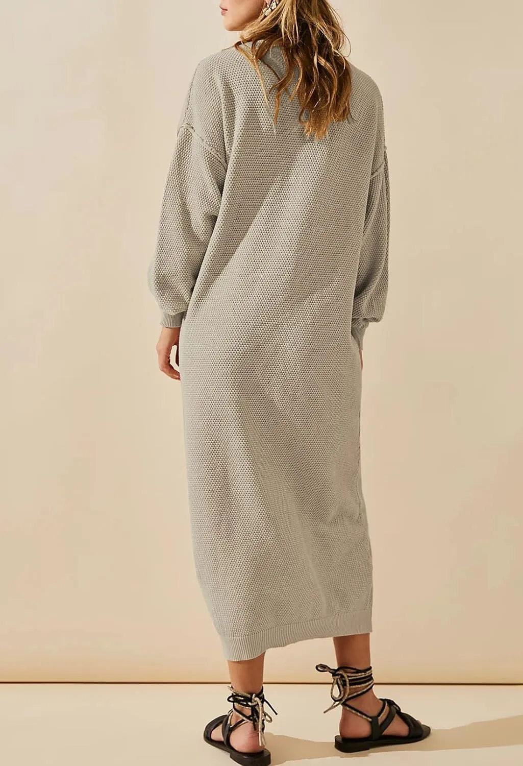 Cutiefox Women's Fall Winter Sweater Long Dress Button V Neck Batwing Long Sleeve Oversized Waffle Knit Dresses