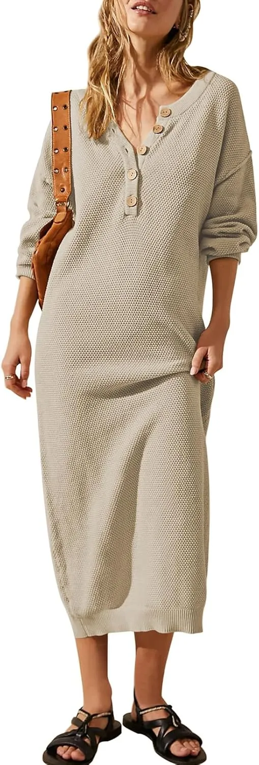 Cutiefox Women's Fall Winter Sweater Long Dress Button V Neck Batwing Long Sleeve Oversized Waffle Knit Dresses