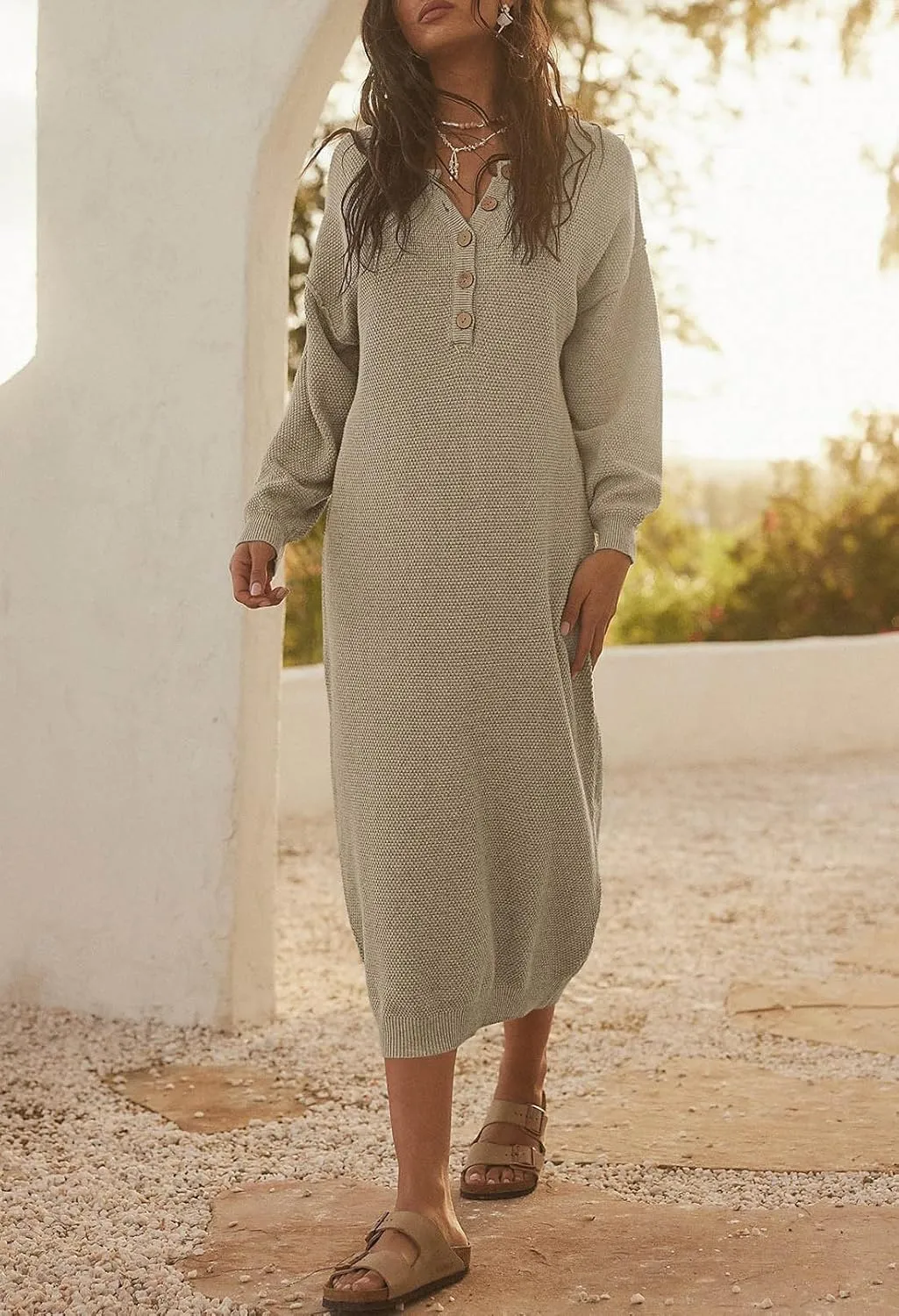 Cutiefox Women's Fall Winter Sweater Long Dress Button V Neck Batwing Long Sleeve Oversized Waffle Knit Dresses