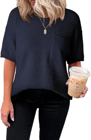 Dokotoo Womens Sweaters Casual Crewneck Short Sleeve Lightweight Knit Trendy Pullover Sweater Tops Spring Summer Outfits