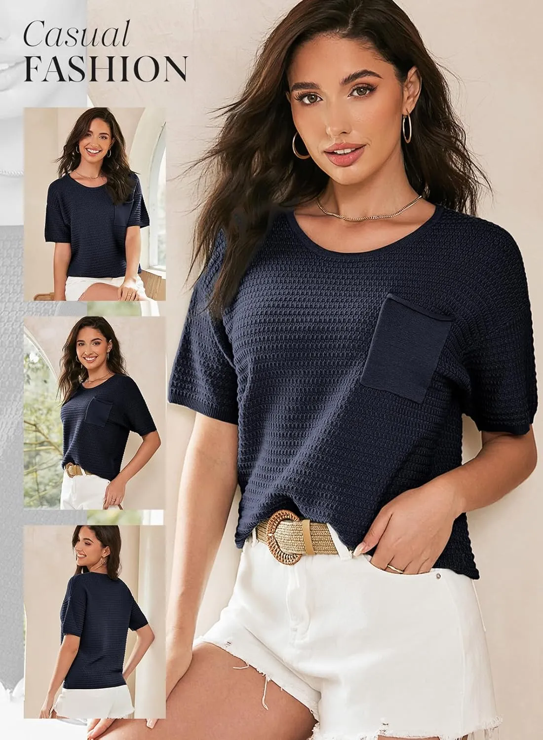 Dokotoo Womens Sweaters Casual Crewneck Short Sleeve Lightweight Knit Trendy Pullover Sweater Tops Spring Summer Outfits