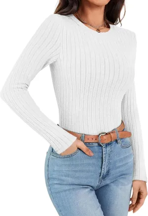 Ekouaer Womens Long Sleeve Ribbed Shirts Trendy Fitted Tops Thermal Under Scrub Crew Neck Soft Fleece Basic Layering