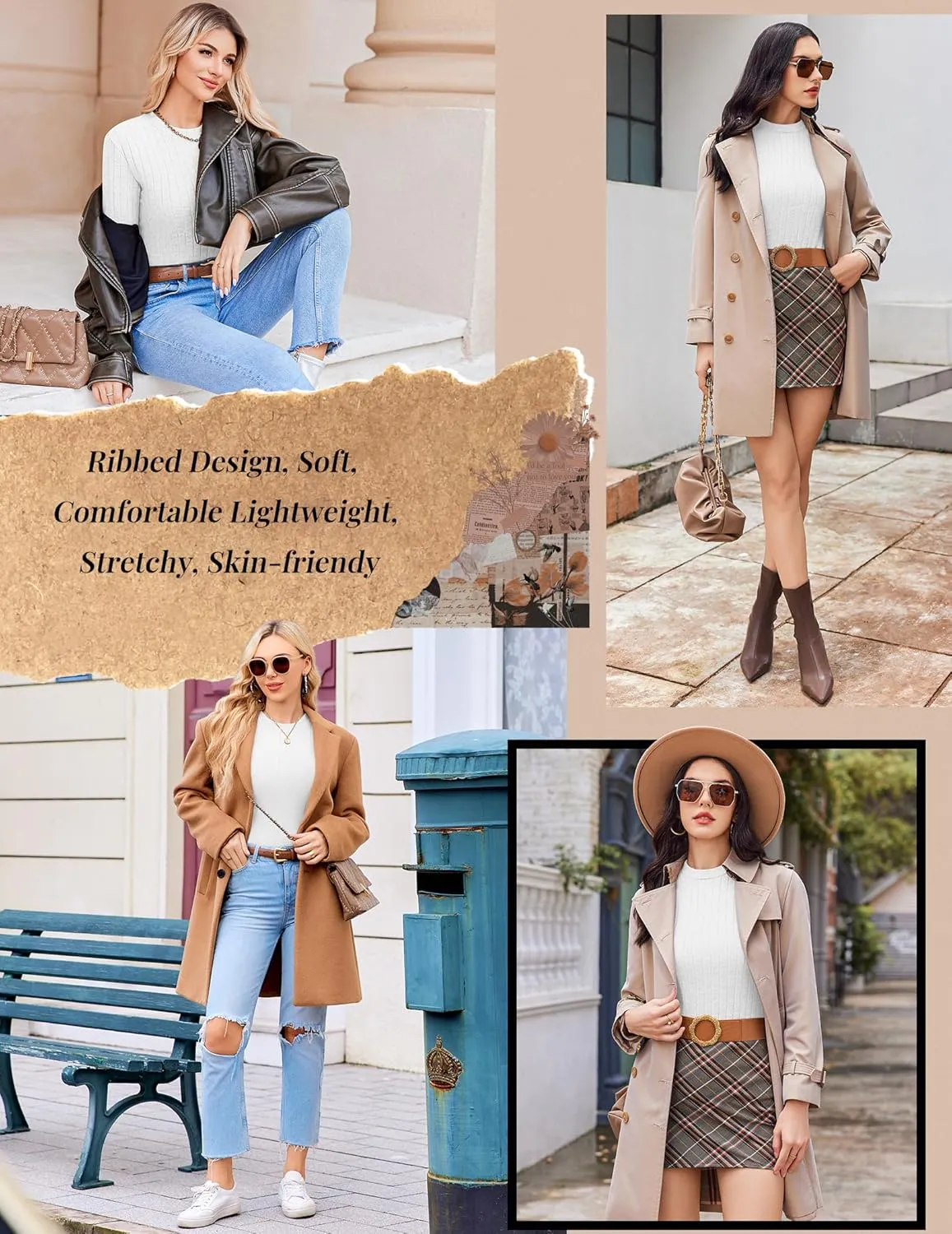 Ekouaer Womens Long Sleeve Ribbed Shirts Trendy Fitted Tops Thermal Under Scrub Crew Neck Soft Fleece Basic Layering