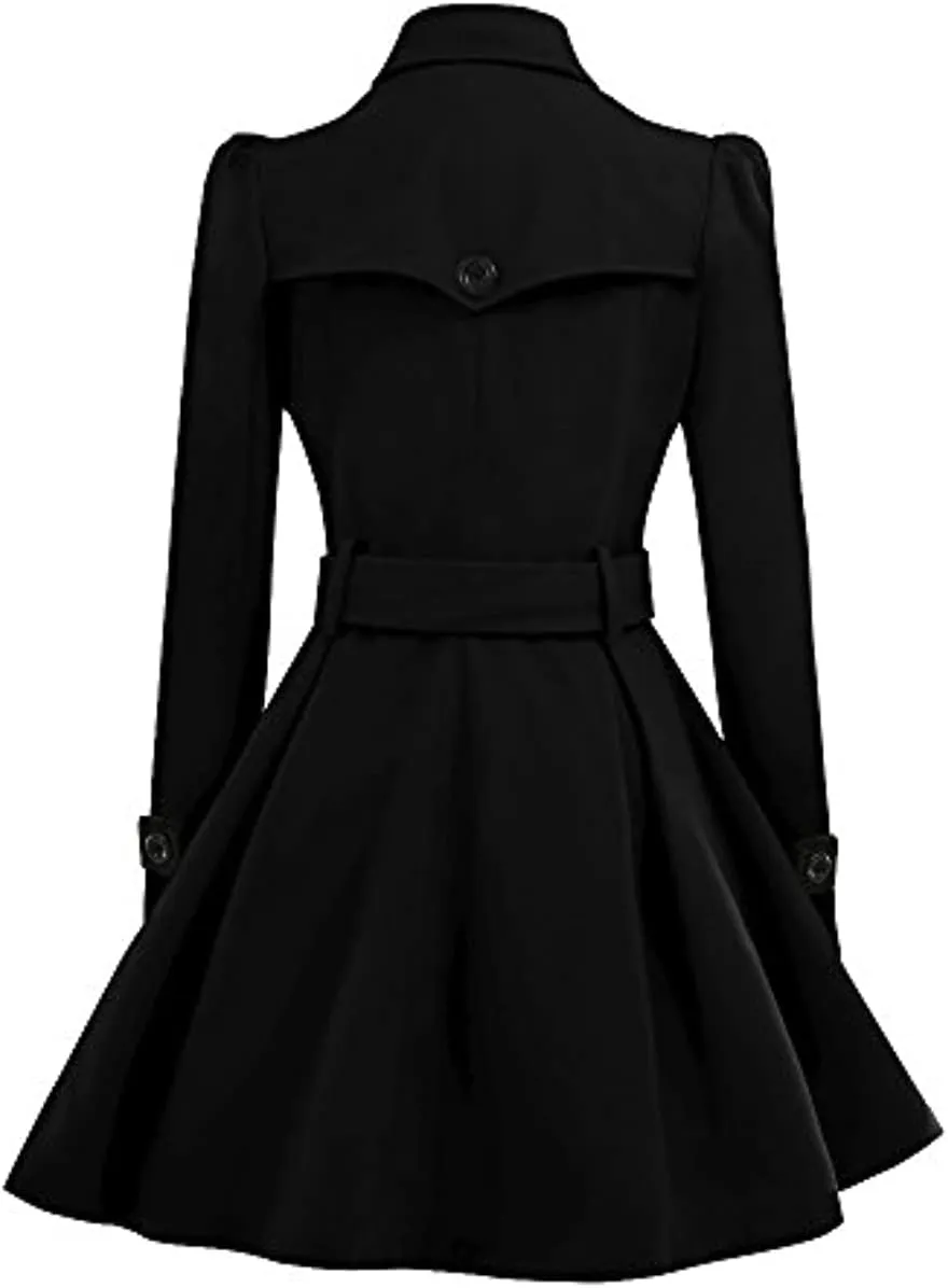 ForeMode Women Swing Double Breasted Wool Pea Coat with Belt Buckle Spring Mid-Long Long Sleeve Lapel Dresses Outwear