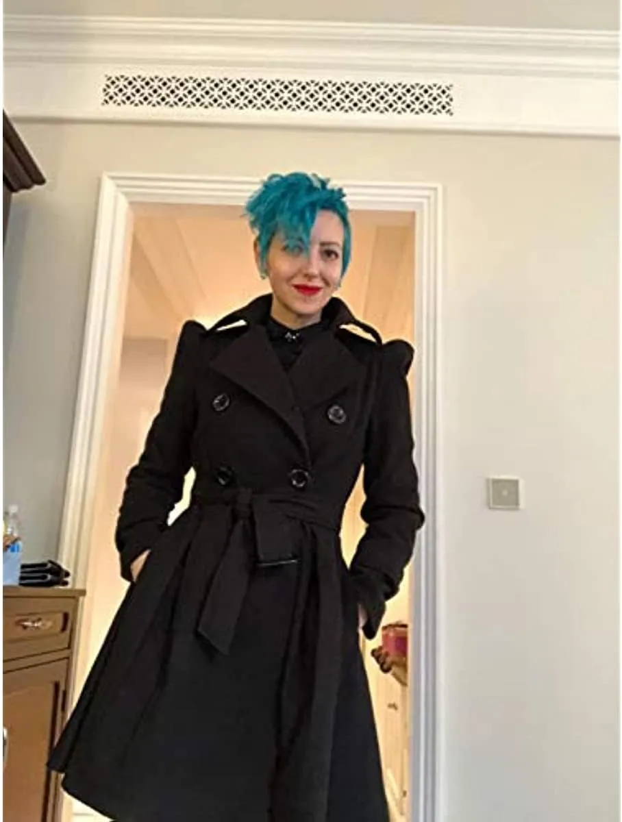 ForeMode Women Swing Double Breasted Wool Pea Coat with Belt Buckle Spring Mid-Long Long Sleeve Lapel Dresses Outwear