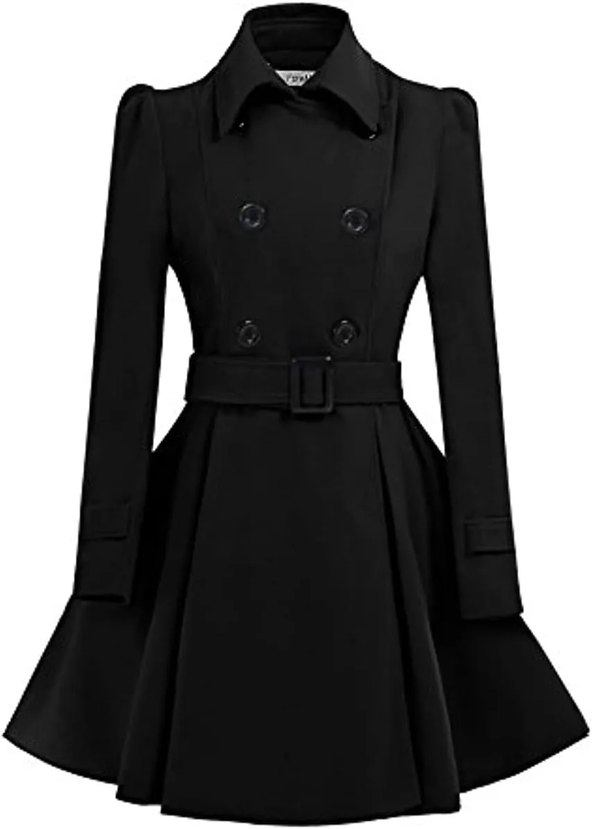 ForeMode Women Swing Double Breasted Wool Pea Coat with Belt Buckle Spring Mid-Long Long Sleeve Lapel Dresses Outwear