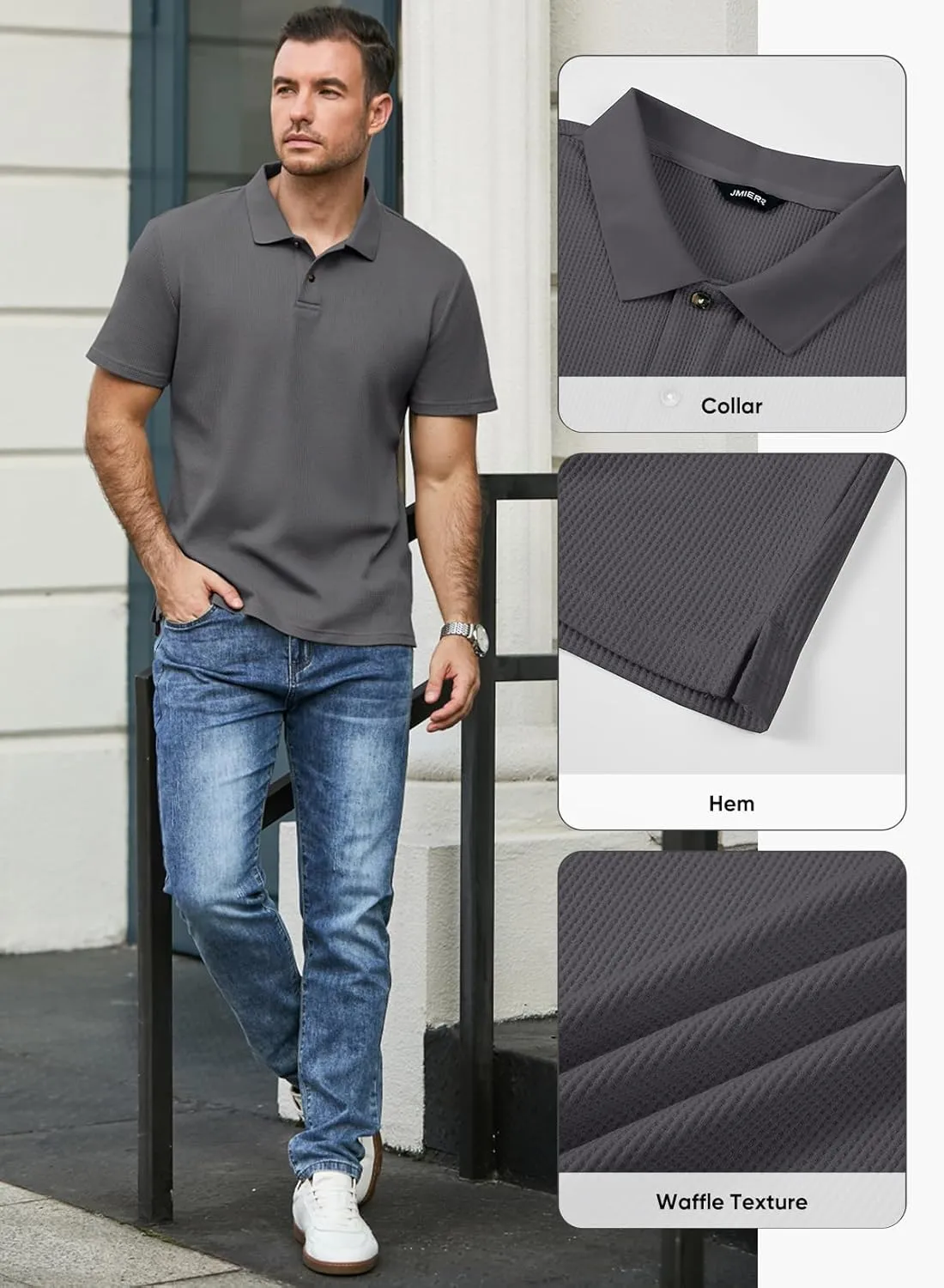 JMIERR Men's Waffle Polo Shirts Summer Casual Short Sleeve T-Shirt Button Up Solid Color Henley Shirts
