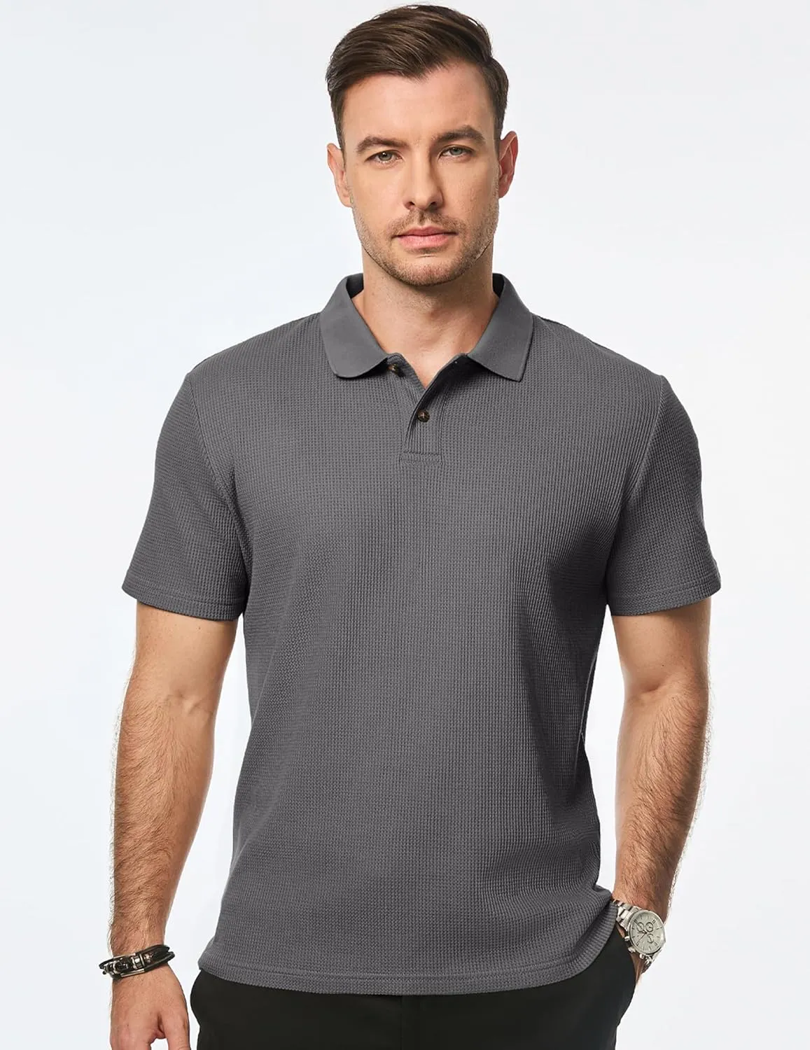 JMIERR Men's Waffle Polo Shirts Summer Casual Short Sleeve T-Shirt Button Up Solid Color Henley Shirts