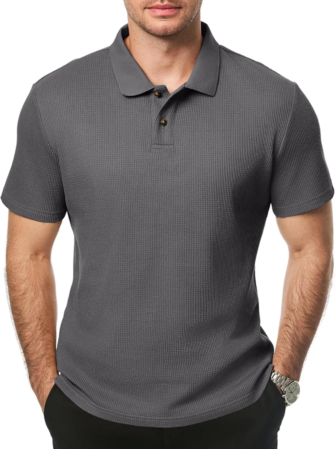 JMIERR Men's Waffle Polo Shirts Summer Casual Short Sleeve T-Shirt Button Up Solid Color Henley Shirts