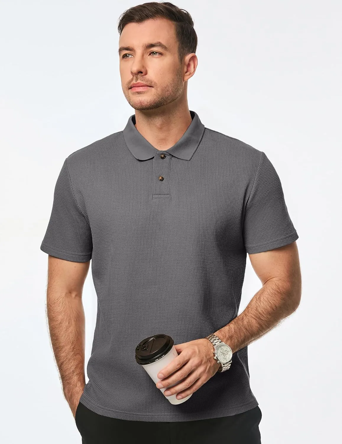 JMIERR Men's Waffle Polo Shirts Summer Casual Short Sleeve T-Shirt Button Up Solid Color Henley Shirts