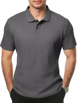 JMIERR Men's Waffle Polo Shirts Summer Casual Short Sleeve T-Shirt Button Up Solid Color Henley Shirts