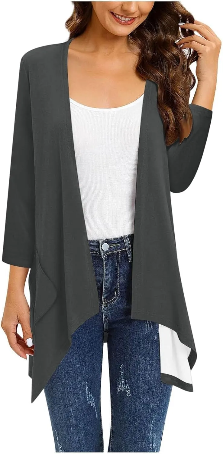 Lightweight Cardigans for Women Plus Size Long Sleeve Open Front Solid Color Cover Ups Irregular Hem Draped Dusters