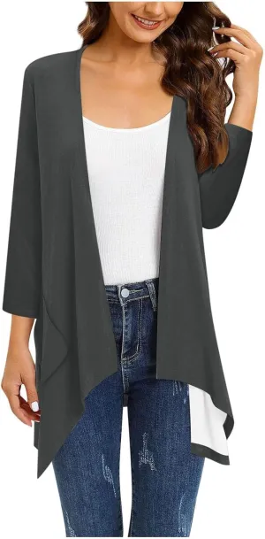 Lightweight Cardigans for Women Plus Size Long Sleeve Open Front Solid Color Cover Ups Irregular Hem Draped Dusters