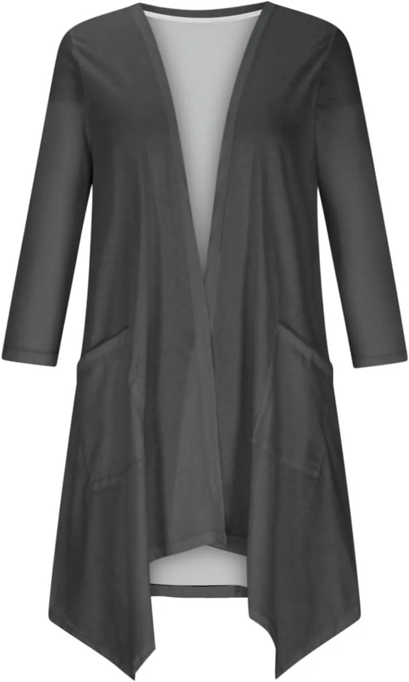 Lightweight Cardigans for Women Plus Size Long Sleeve Open Front Solid Color Cover Ups Irregular Hem Draped Dusters