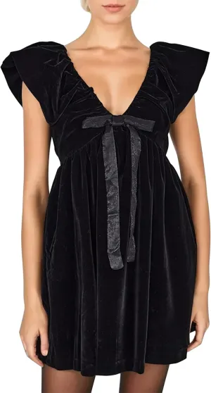 Livtany Women's Velvet Satin Bow Babydoll Dress V Neck Puff Sleeves Mini Dress Solid A Line Pleated Short Dress Party Club