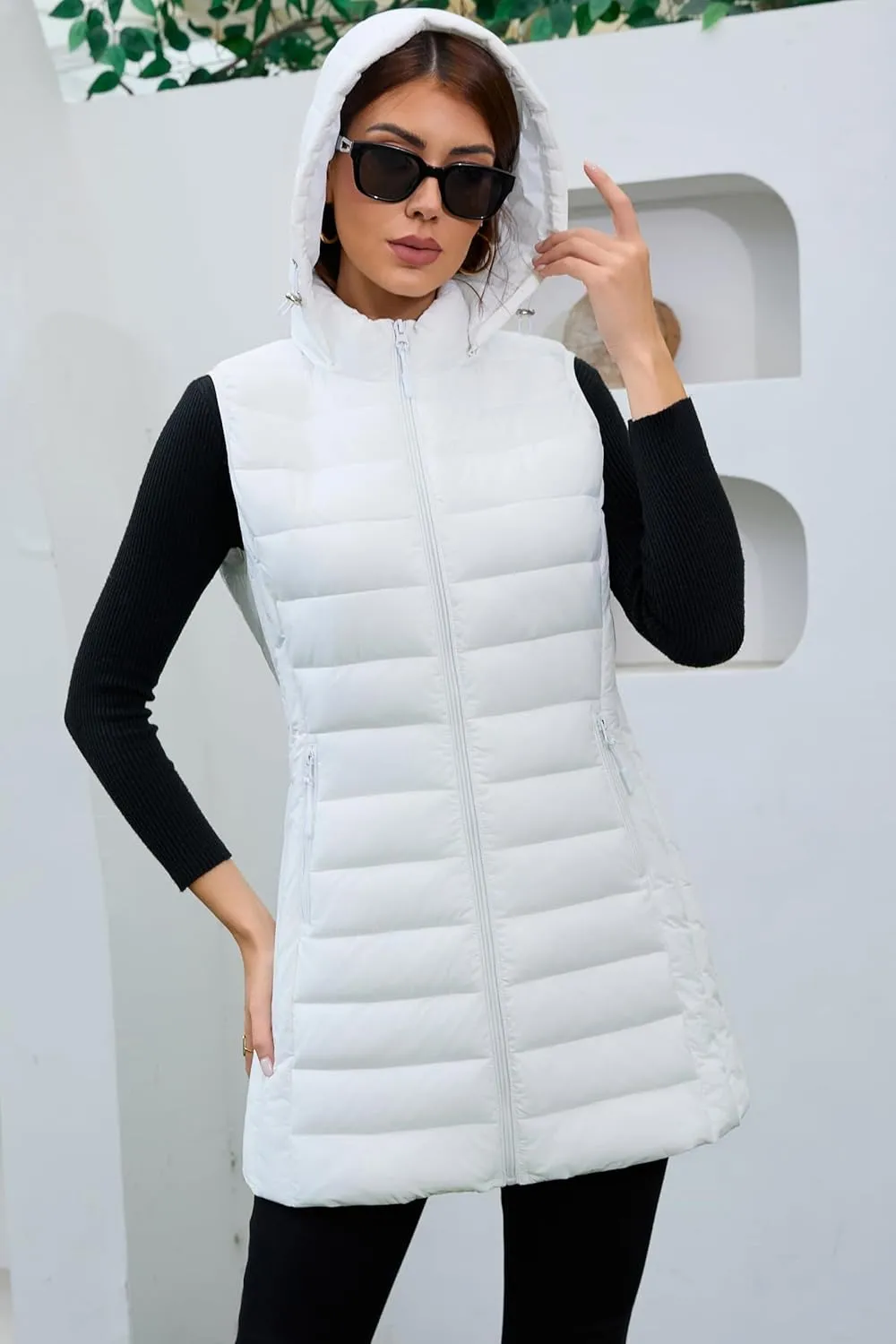 Long Puffer Vest for Women with Hood Lightweight Packable Sleeveless Down Vest for Spring, Fall & Winter