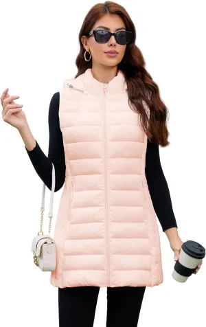 Long Puffer Vest for Women with Hood Lightweight Packable Sleeveless Down Vest for Spring, Fall & Winter