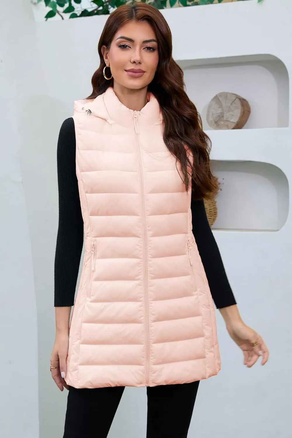 Long Puffer Vest for Women with Hood Lightweight Packable Sleeveless Down Vest for Spring, Fall & Winter