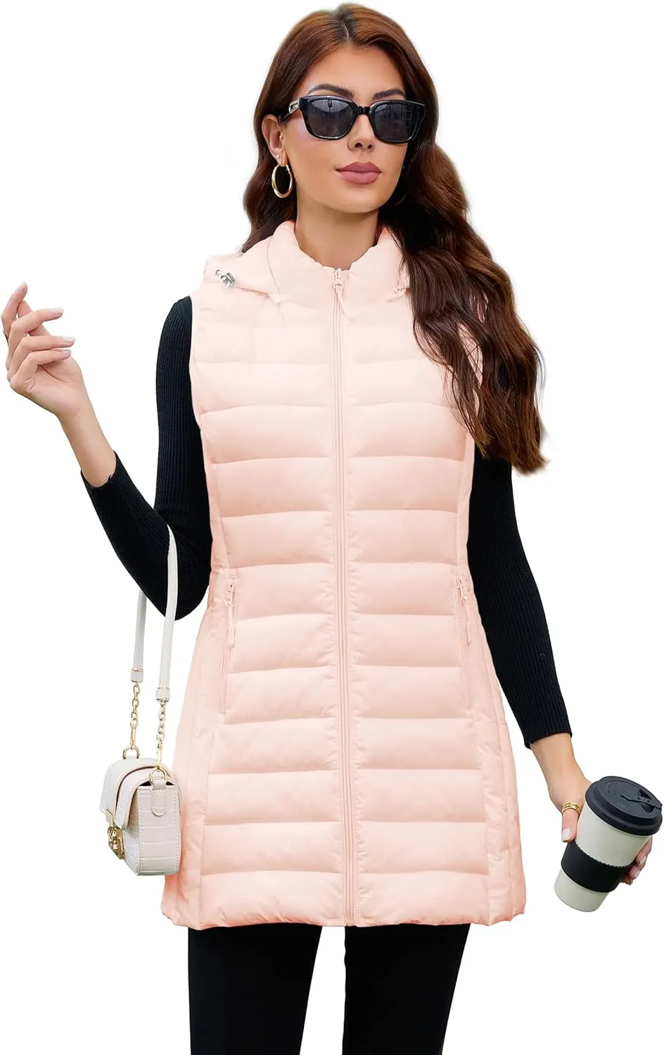 Long Puffer Vest for Women with Hood Lightweight Packable Sleeveless Down Vest for Spring, Fall & Winter