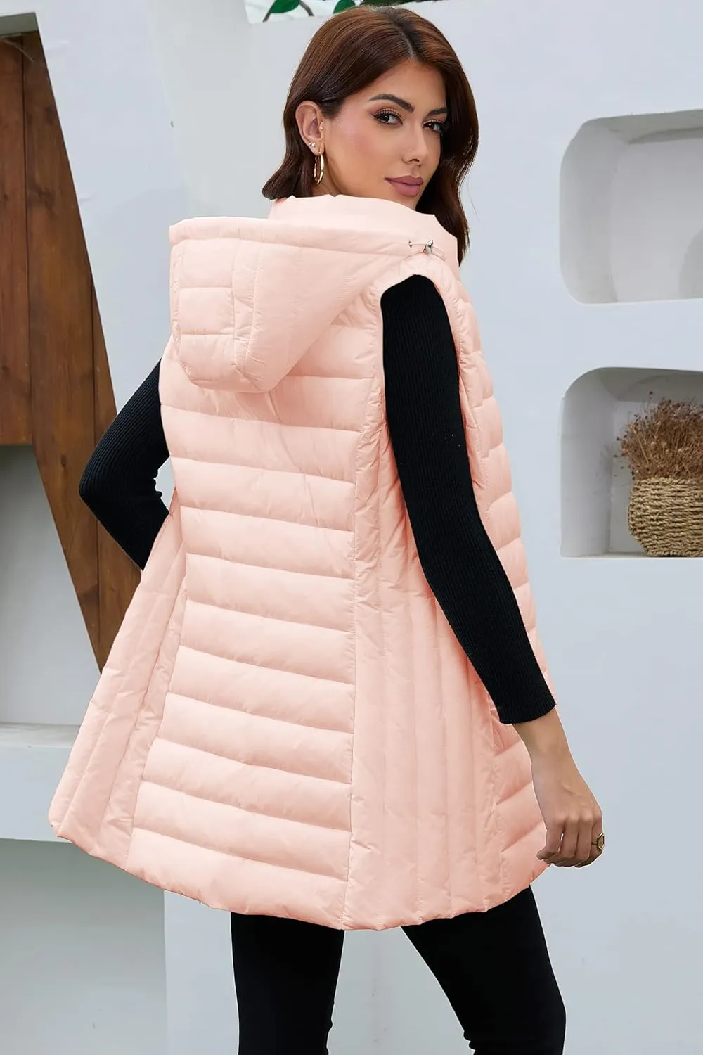 Long Puffer Vest for Women with Hood Lightweight Packable Sleeveless Down Vest for Spring, Fall & Winter