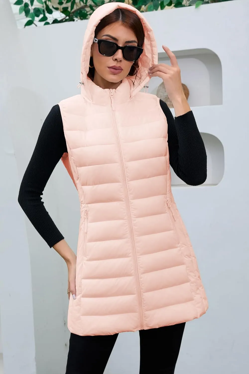 Long Puffer Vest for Women with Hood Lightweight Packable Sleeveless Down Vest for Spring, Fall & Winter