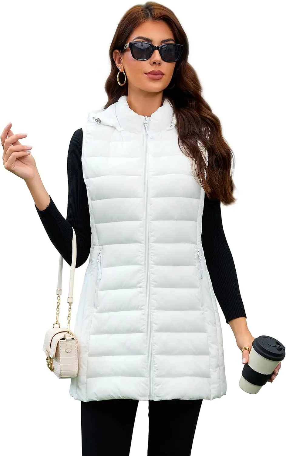 Long Puffer Vest for Women with Hood Lightweight Packable Sleeveless Down Vest for Spring, Fall & Winter